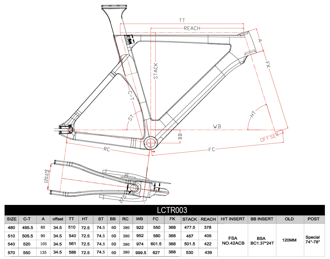 Cuadro de bicicleta de pista de carbono LCTR003 Geometría